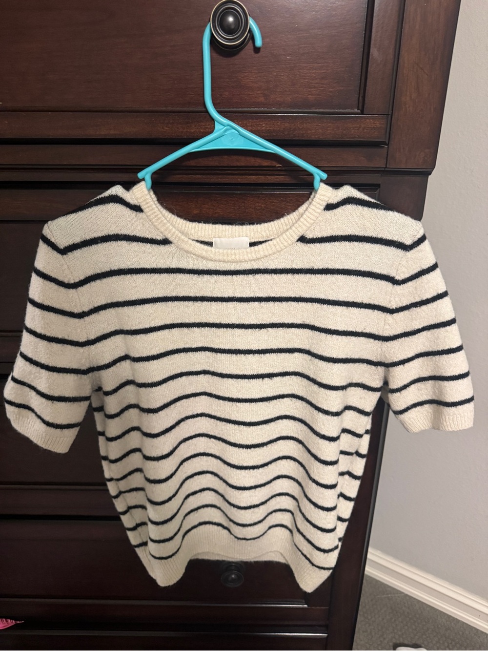 H&M Cream and Black Striped Short-Sleeve Crew Sweater